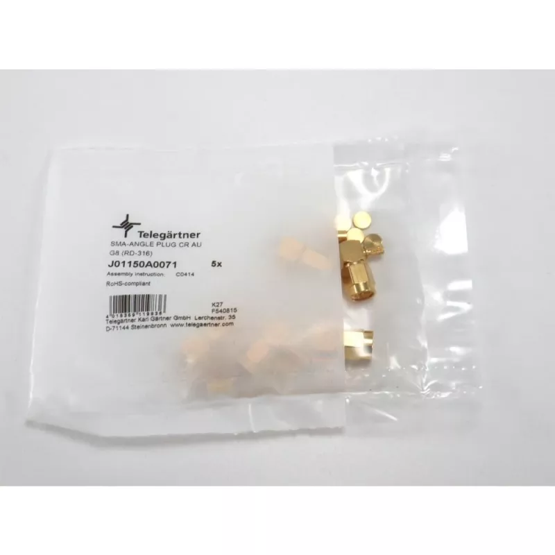 Telegärtner conector macho SMA acodado crimp para RG-316, oro, pack de 5 (J01150A0071)