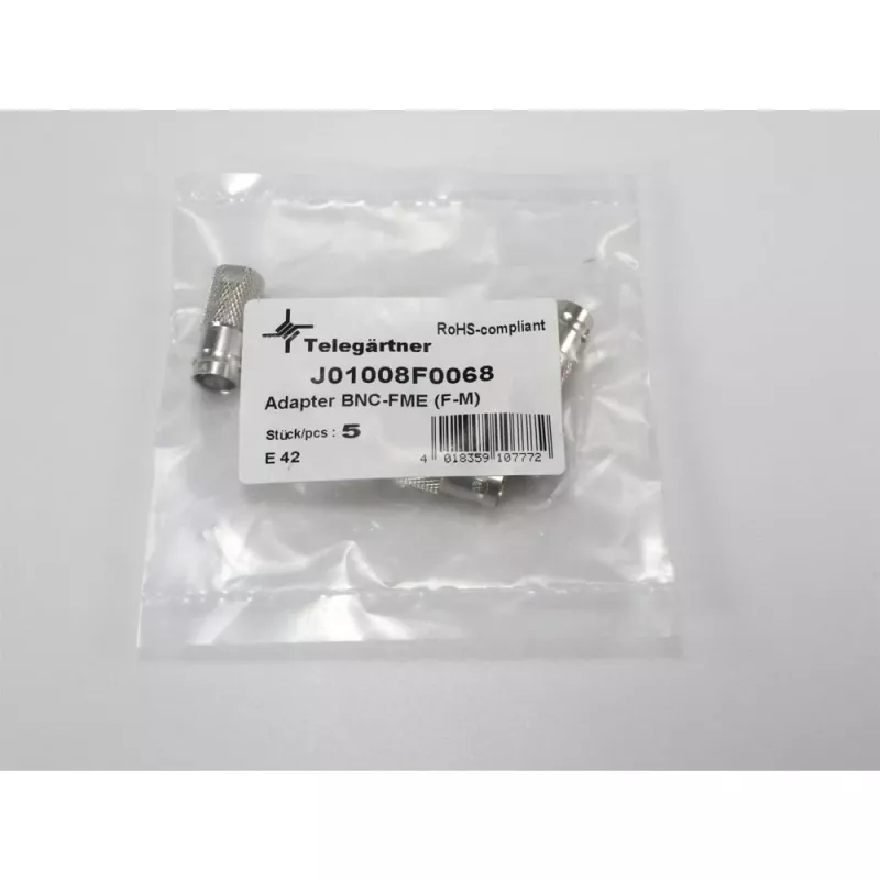 TELEGÄRTNER J01008F0068 Adaptador coaxial BNC hembra a FME macho, 50 ohmios, recto, latón niquelado
