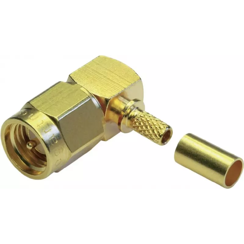 TELEGÄRTNER conector macho SMA en ángulo crimp para RG-58 C/U, dorado, pack de 5 J01150A0091