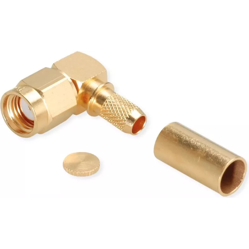 TELEGÄRTNER conector macho acodado RP-SMA crimp para RG-58C/U, 50 ohmios, dorado