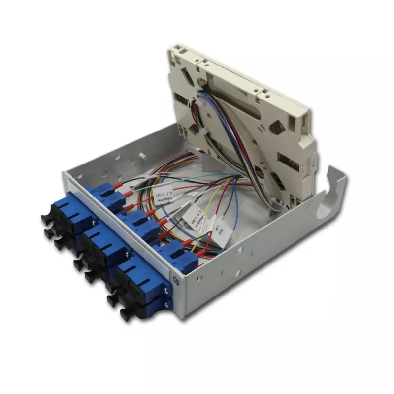 Telegärtner distribuidor de fibra óptica STX para carril DIN, 6x SC dúplex monomodo, cassette de empalme de 12 fibras, pigtails, listo para empalmar H82050E0002