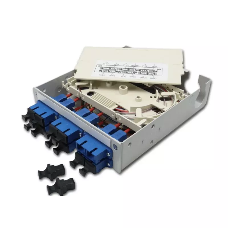 Telegärtner distribuidor de fibra óptica STX para carril DIN, 6x SC dúplex monomodo, cassette de empalme de 12 fibras, pigtails, listo para empalmar H82050E0002