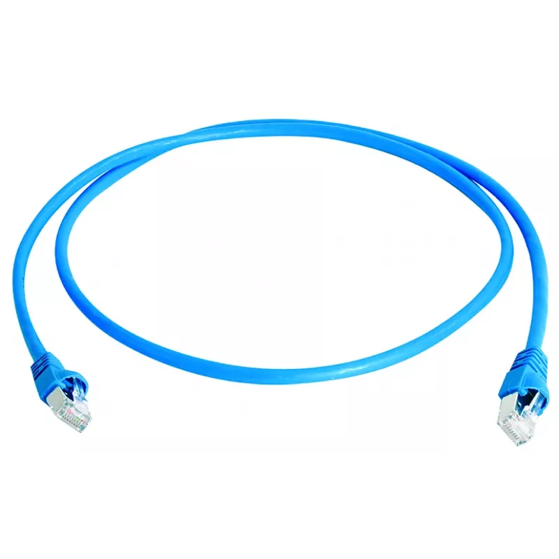 TELEGÄRTNER 100008091 Cable de conexión RJ45, CAT 6a S/FTP, azul, ignífugo, con protección antiacodamiento, 1 m