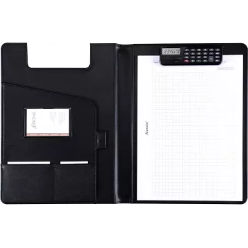 JÜSCHA Alassio Carpeta de escritura BRESCIA, A4, piel sintética, negra, mecanismo de pinza con calculadora integrada 31500