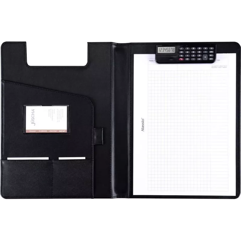 JÜSCHA Alassio Carpeta de escritura BRESCIA, A4, piel sintética, negra, mecanismo de pinza con calculadora integrada 31500