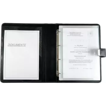 JÜSCHA Alassio Carpeta de documentos A4 con mecanismo de anillas, piel sintética, negro, 5 fundas de documentos 31514