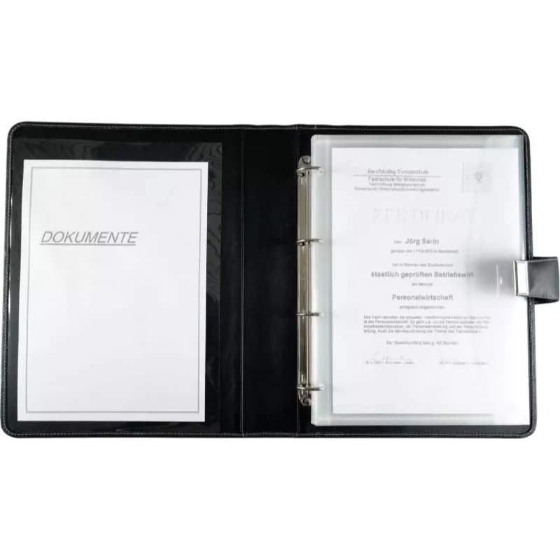 JÜSCHA Alassio Carpeta de documentos A4 con mecanismo de anillas, piel sintética, negro, 5 fundas de documentos 31514