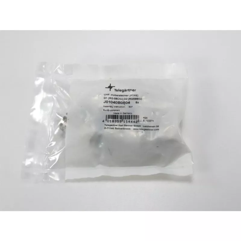 Telegärtner Conector macho UHF PL259/6 para RG-58 C/U y RG-59 B/U, aislamiento de PTFE, carcasa niquelada, contacto plateado, pack de 5 (J01040B0604)