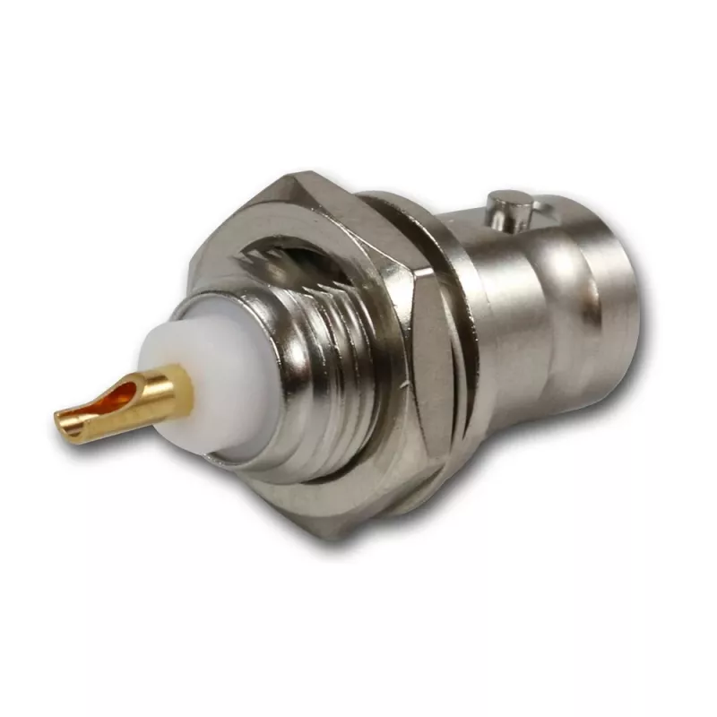 Telegärtner Conector hembra BNC de montaje empotrado 50 ohmios, conductor interior dorado, brida de 4 orificios, conexión por soldadura (J01001A0053Z)