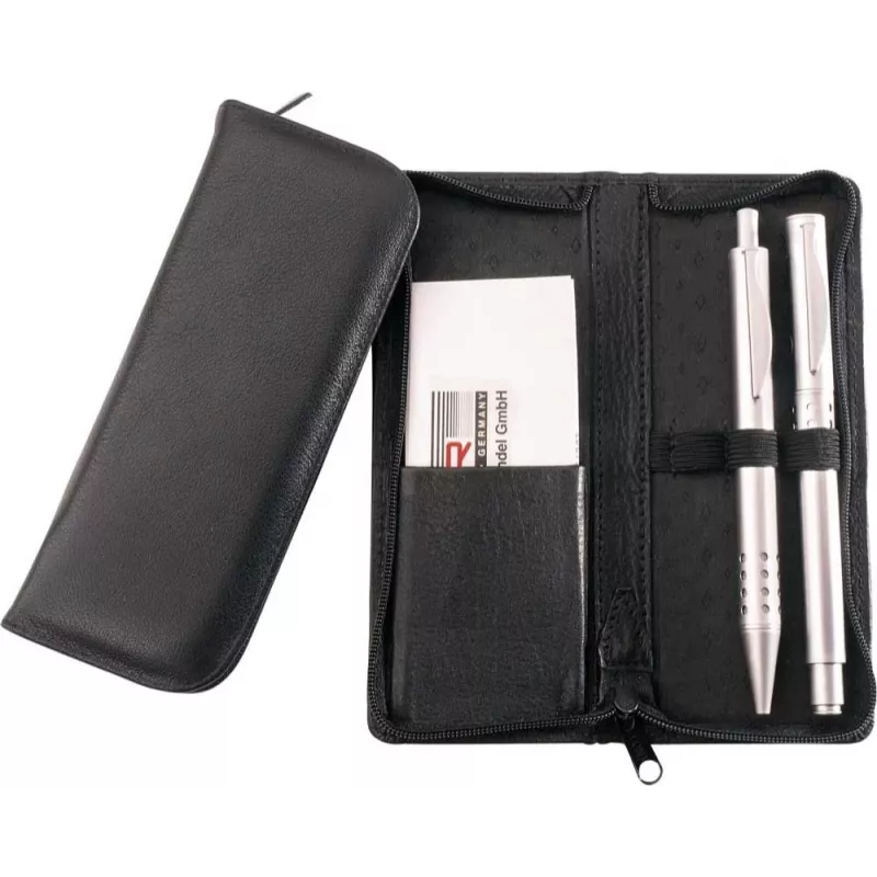 JÜSCHA Alassio Estuche para 3 instrumentos de escritura, piel, negro, con compartimento para tarjetas de crédito (2603)