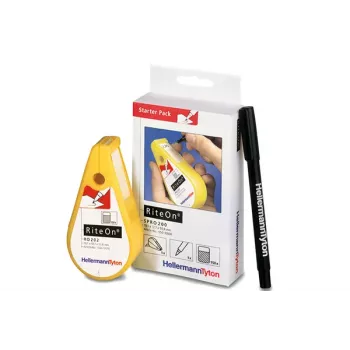 HellermannTyton RiteOn pack de inicio con dispensadores precargados, 600 etiquetas autolaminadas, blancas, 19 x 38 mm, incluye marcador rojo 550-14010