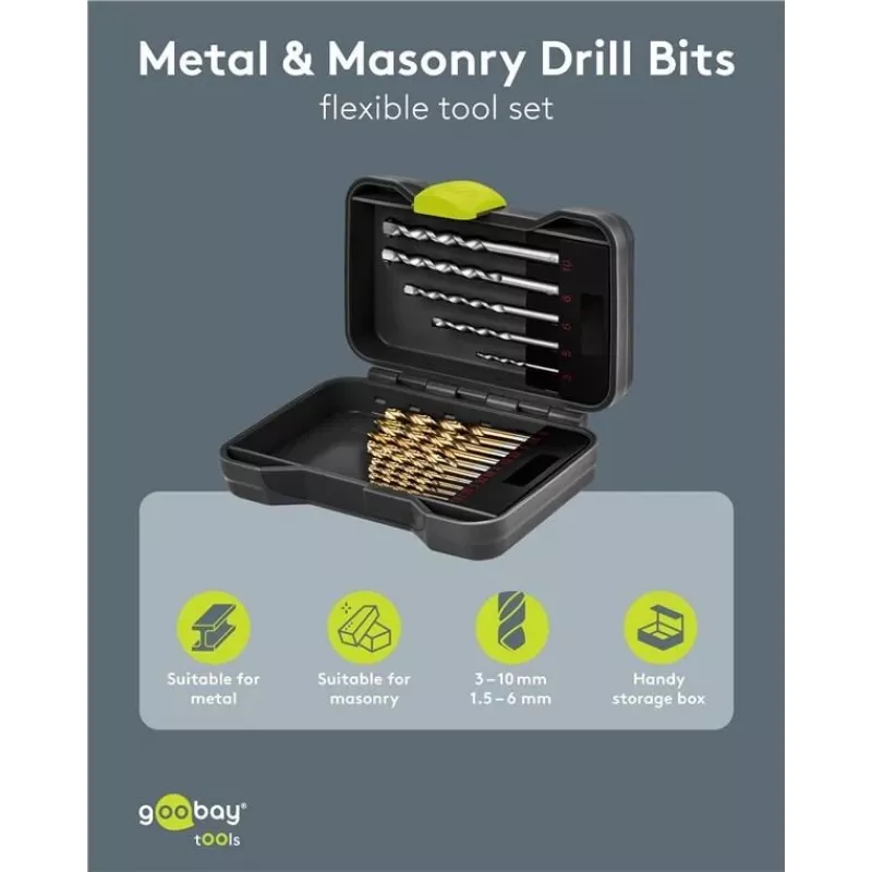 Goobay set de 17 piezas de brocas para metal y piedra con puntas de destornillador en estuche resistente 77848