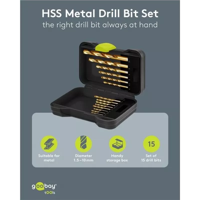 Goobay 77850 set de brocas para metal HSS, 15 piezas, 1,5-10 mm, DIN 338, en caja de almacenamiento