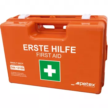 PETEX 43924135 botiquín de primeros auxilios DIN 13157, naranja, 280 x 115 x 200 mm, montaje en pared, plástico ABS, para oficinas, talleres, pequeñas empresas, centros educativos