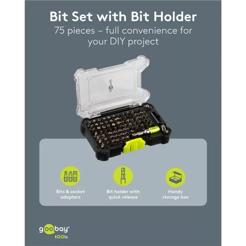 Goobay Tools set de 72 puntas de destornillador con portapuntas magnético de cambio rápido, puntas de acero S2, vástago hexagonal de 1/4