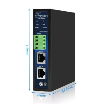 ALLNET splitter/extractor PoE industrial IEEE 802.3bt Type 4, 90W, salida seleccionable 5V/9V/12V/24V, Gigabit Ethernet, montaje en carril DIN/pared (ALL-PSI104G-BT90-PD)