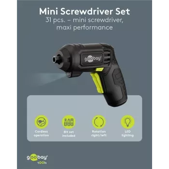 Goobay Set de destornillador mini con batería 31 piezas mango de pistola con 28 puntas y función de carga Micro-USB (77818)
