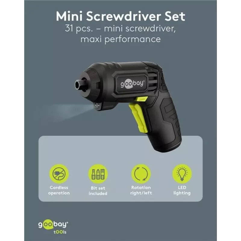 Goobay Set de destornillador mini con batería 31 piezas mango de pistola con 28 puntas y función de carga Micro-USB (77818)