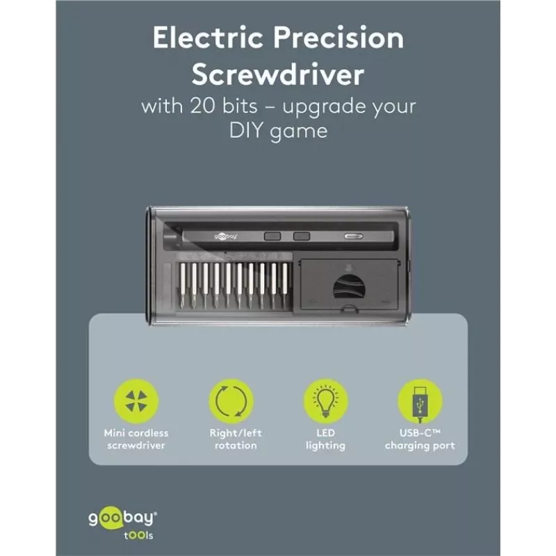 Goobay 77838 destornillador de precisión eléctrico con batería, 20 piezas, LED