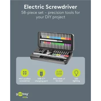 Goobay 77839 Destornillador eléctrico de precisión con batería, 50 piezas, LED