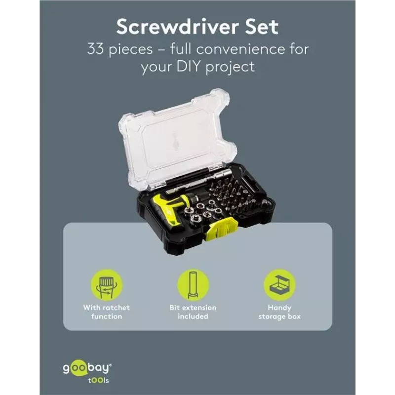 Goobay Set de destornilladores con set de 30 puntas – Set de herramientas de precisión para atornillar, montaje y reparación de electrónica (77841)