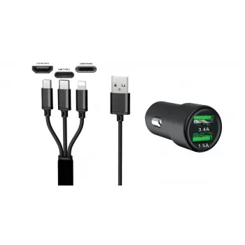 IWH Cargador de coche USB dual 3 en 1 12/24V 3,4A negro (19061)