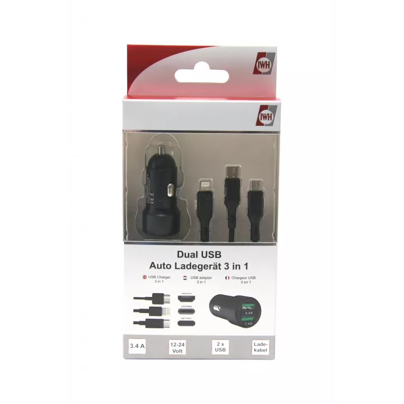 IWH Cargador de coche USB dual 3 en 1 12/24V 3,4A negro (19061)