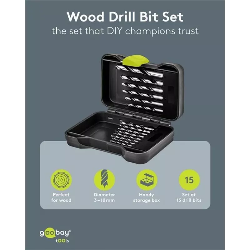 GOOBAY TOOLS 77847 Juego de brocas para madera de 15 piezas en caja de transporte 3-10 mm
