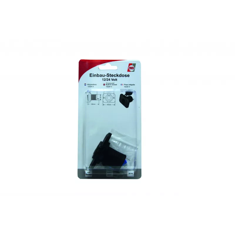 IWH Toma de corriente empotrable de 12/24V-DC, máx. 20A, tipo mechero de cigarrillos, negro 19002