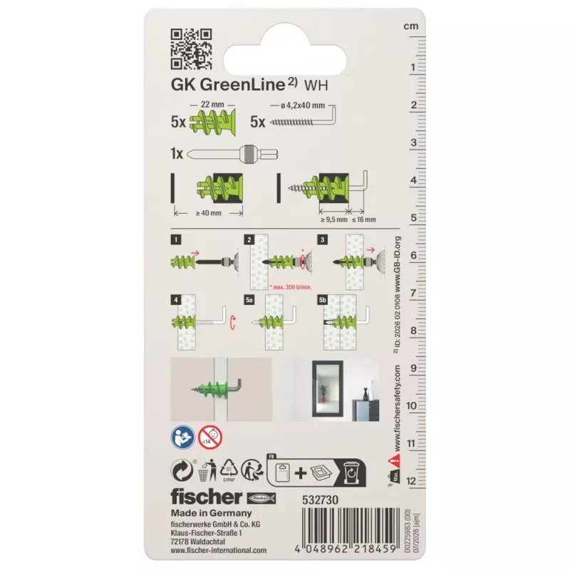 Fischer 532730 GK Green WH K NV taco para pladur 22 mm, 50 tacos y 50 tornillos, 4,5 x 35 mm, verde