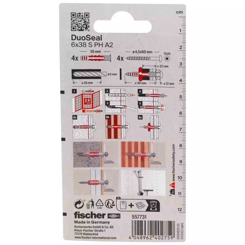 fischer DuoSeal 6 x 38 S PH TX A2 K NV set de tacos (4 uds.) 557731