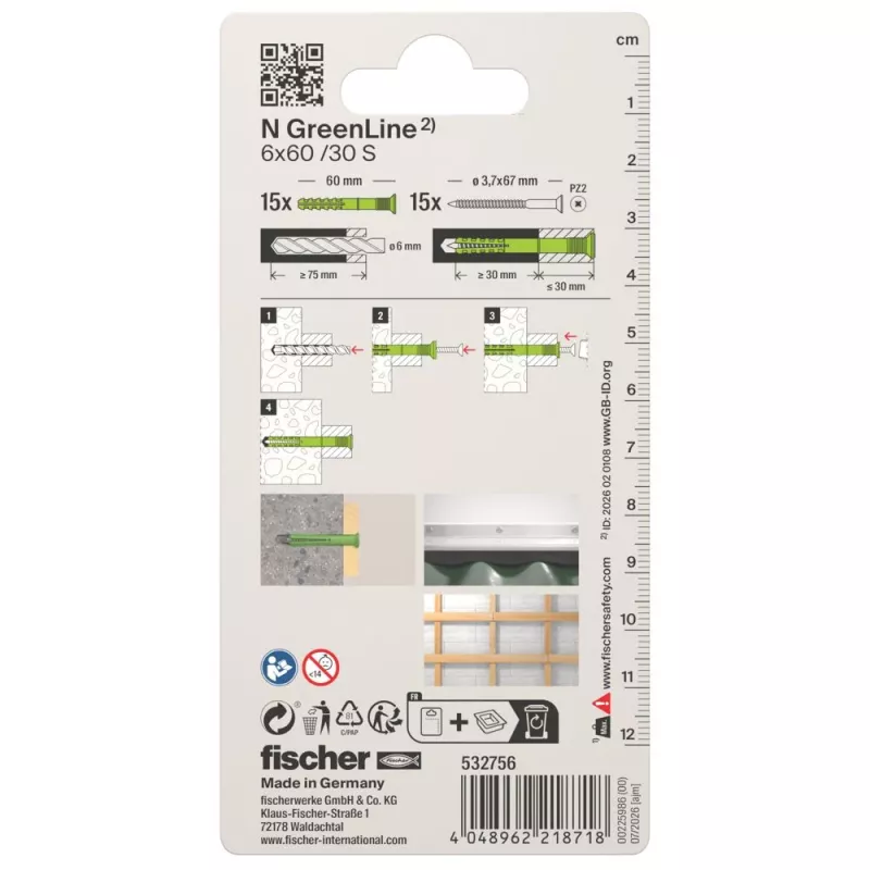 Fischer N Green 6 x 60/30 S K NV taco con clavo, 60 mm, 6 mm, 1 set 532756