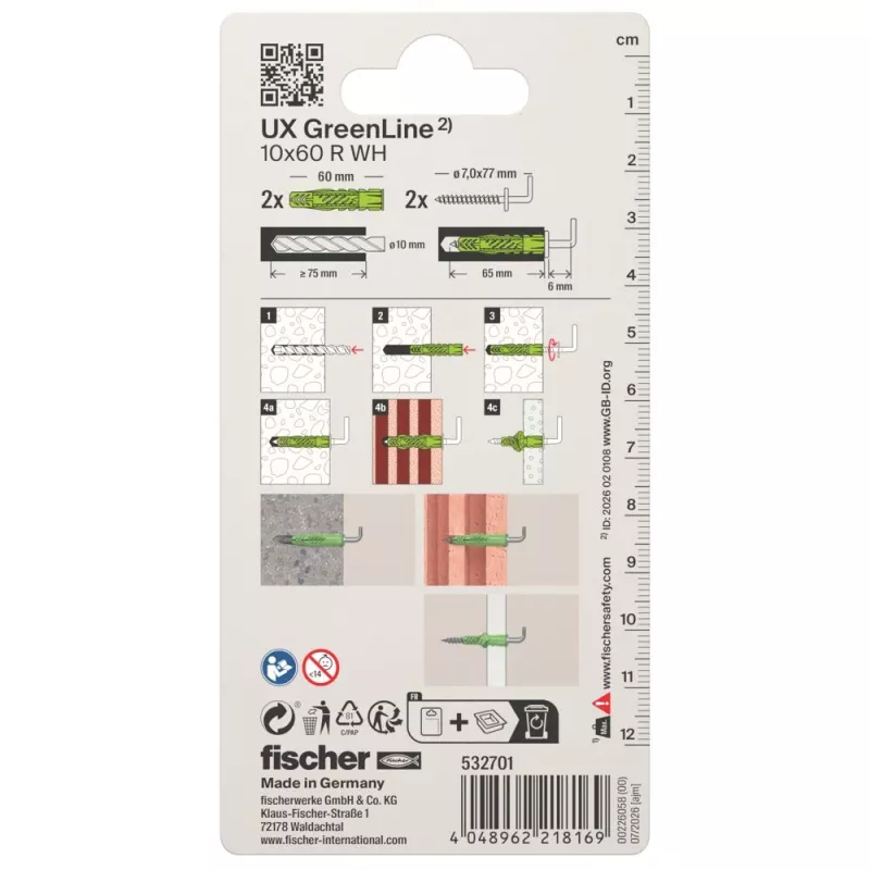 Fischer 532701 UX Green 10 x 60 R WH K NV Set de tacos universales con tornillo y gancho en L, 10 mm x 60 mm, 1 set