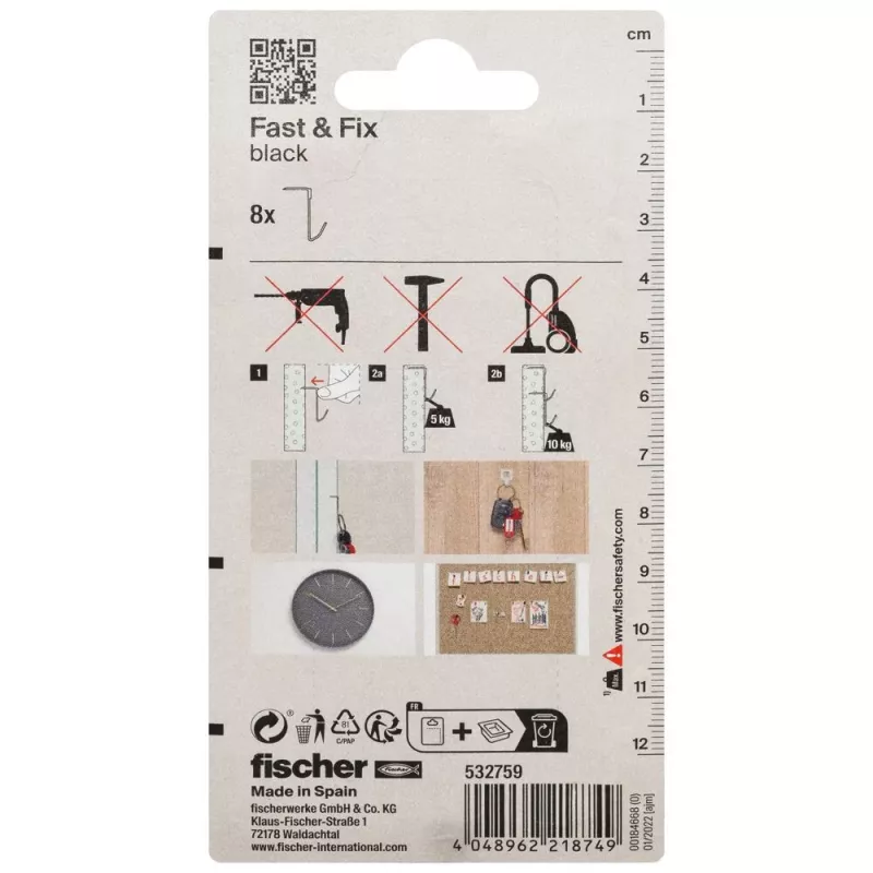 fischer Fast & Fix Gancho de pared K NV negro (1 set) – autoadhesivo, sin taladrar, reutilizable