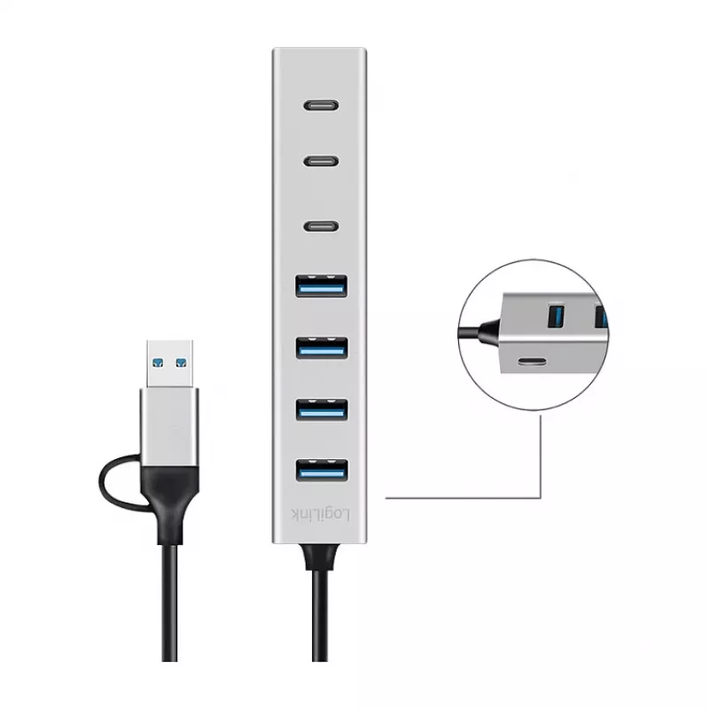 LogiLink Hub USB 3.0, 7 puertos, 4x USB-A 3x USB-C, carcasa de aluminio