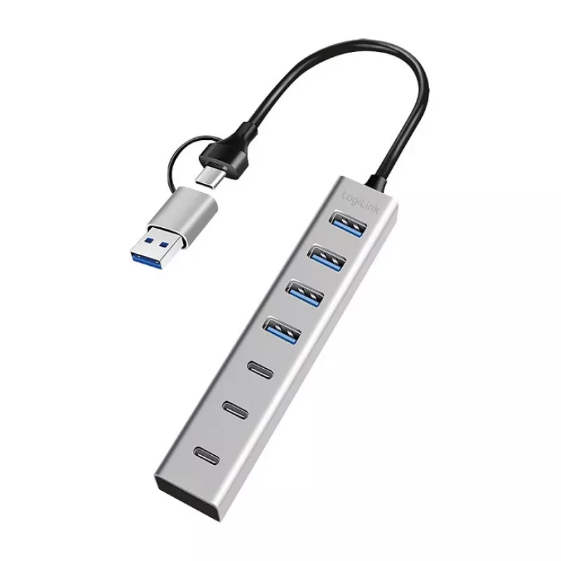 LogiLink Hub USB 3.0, 7 puertos, 4x USB-A 3x USB-C, carcasa de aluminio