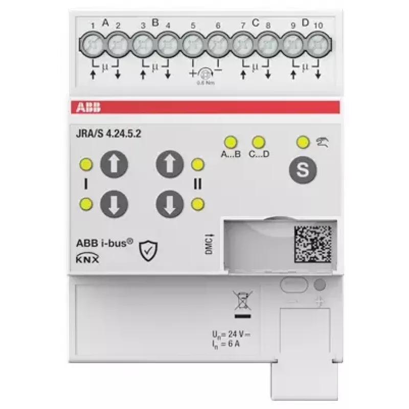 ABB JRA/S4.24.5.2 actuador KNX para persianas/estores, 4 canales, 24V AC/DC, funcionamiento manual, carril DIN 2CDG110298R0011