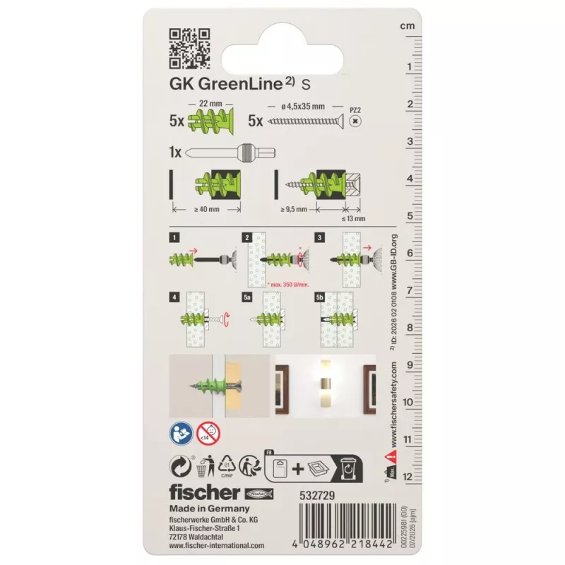Fischer 532729 GK Green S K NV set de tacos para pladur 22 mm (10 uds.)