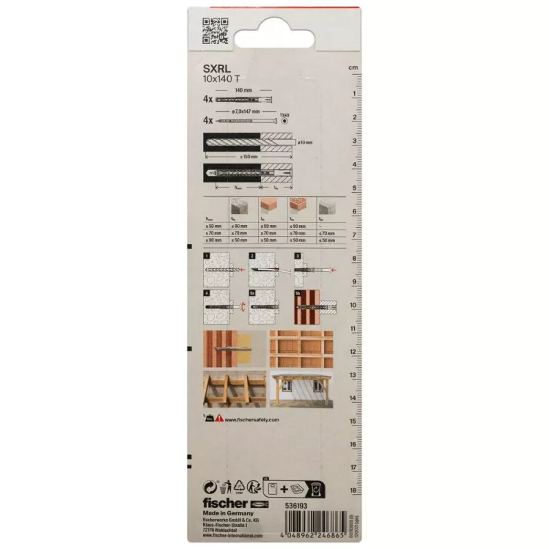 Fischer SXRL 10 x 140 T K NV taco de vástago largo con tornillo de cabeza avellanada, 1 set (536193)