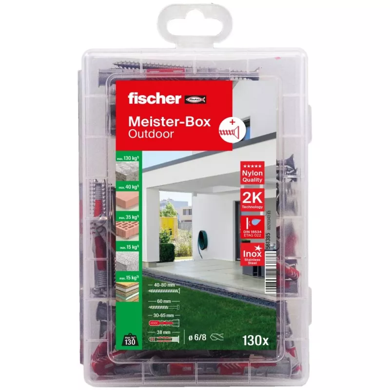FISCHER práctico surtido de tacos y tornillos para exteriores y zonas húmedas 130 piezas 561385