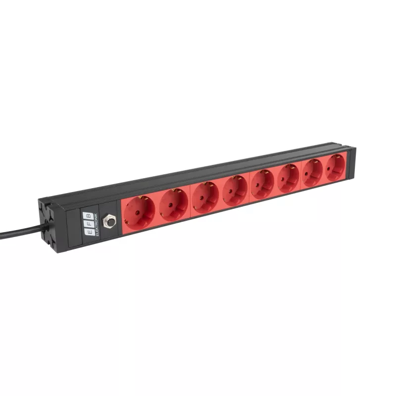 PDU para rack de 19 pulgadas 1U EFB Elektronik EK631CD.1V2, 8 salidas CEE 7/3 rojas, entrada IEC C14, protección contra sobrecargas 10 A, negro
