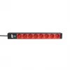 PDU para rack de 19 pulgadas 1U EFB Elektronik EK631CD.1V2, 8 salidas CEE 7/3 rojas, entrada IEC C14, protección contra sobrecargas 10 A, negro