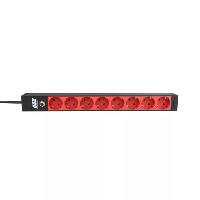 PDU para rack de 19 pulgadas 1U EFB Elektronik EK631CD.1V2, 8 salidas CEE 7/3 rojas, entrada IEC C14, protección contra sobrecargas 10 A, negro