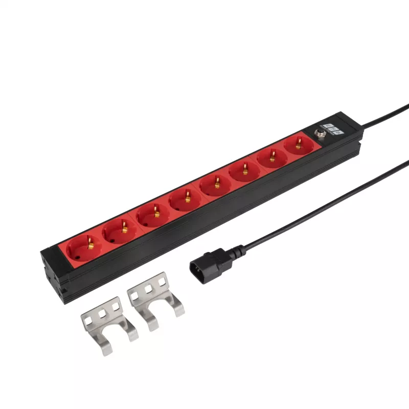 PDU para rack de 19 pulgadas 1U EFB Elektronik EK631CD.1V2, 8 salidas CEE 7/3 rojas, entrada IEC C14, protección contra sobrecargas 10 A, negro