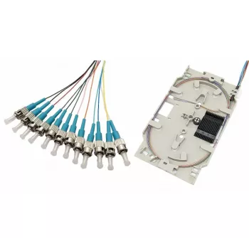Casete de empalme de fibra óptica Tecline con 12x pigtails OM3, ST/UPC, 2,0 m, 12 unidades (20500035)