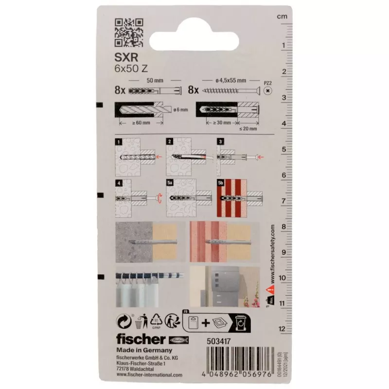 Fischer SXR 6 x 50 Z K NV taco de anclaje largo con tornillo de cabeza avellanada (PZ), 1 set (503417)