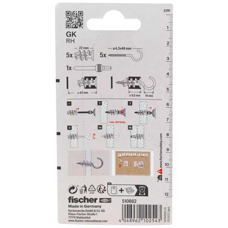 Fischer GK RH K NV taco para pladur con gancho redondo, 22 mm, 1 set (510662)