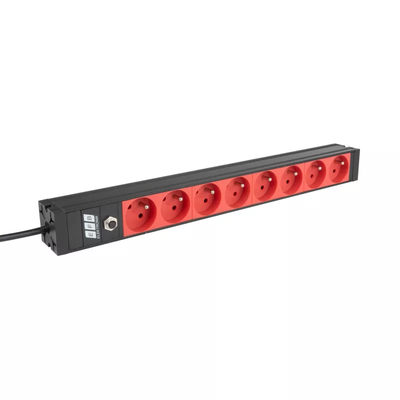EFB ELEKTRONIK EK631CF.1V2 PDU para rack 19 inch 1U, 8 tomas CEE 7/5 (tipo E) rojas, entrada IEC C14, protección contra sobrecarga 10A, negro