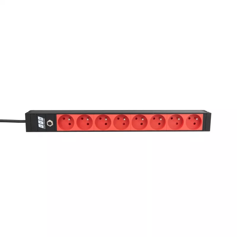EFB ELEKTRONIK EK631CF.1V2 PDU para rack 19 inch 1U, 8 tomas CEE 7/5 (tipo E) rojas, entrada IEC C14, protección contra sobrecarga 10A, negro