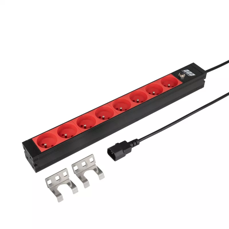 EFB ELEKTRONIK EK631CF.1V2 PDU para rack 19 inch 1U, 8 tomas CEE 7/5 (tipo E) rojas, entrada IEC C14, protección contra sobrecarga 10A, negro